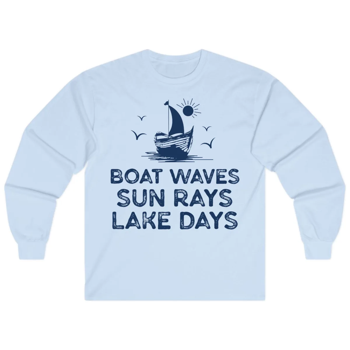 Boat Waves Sun Rays Lake Days Design Long Sleeve in Light Blue