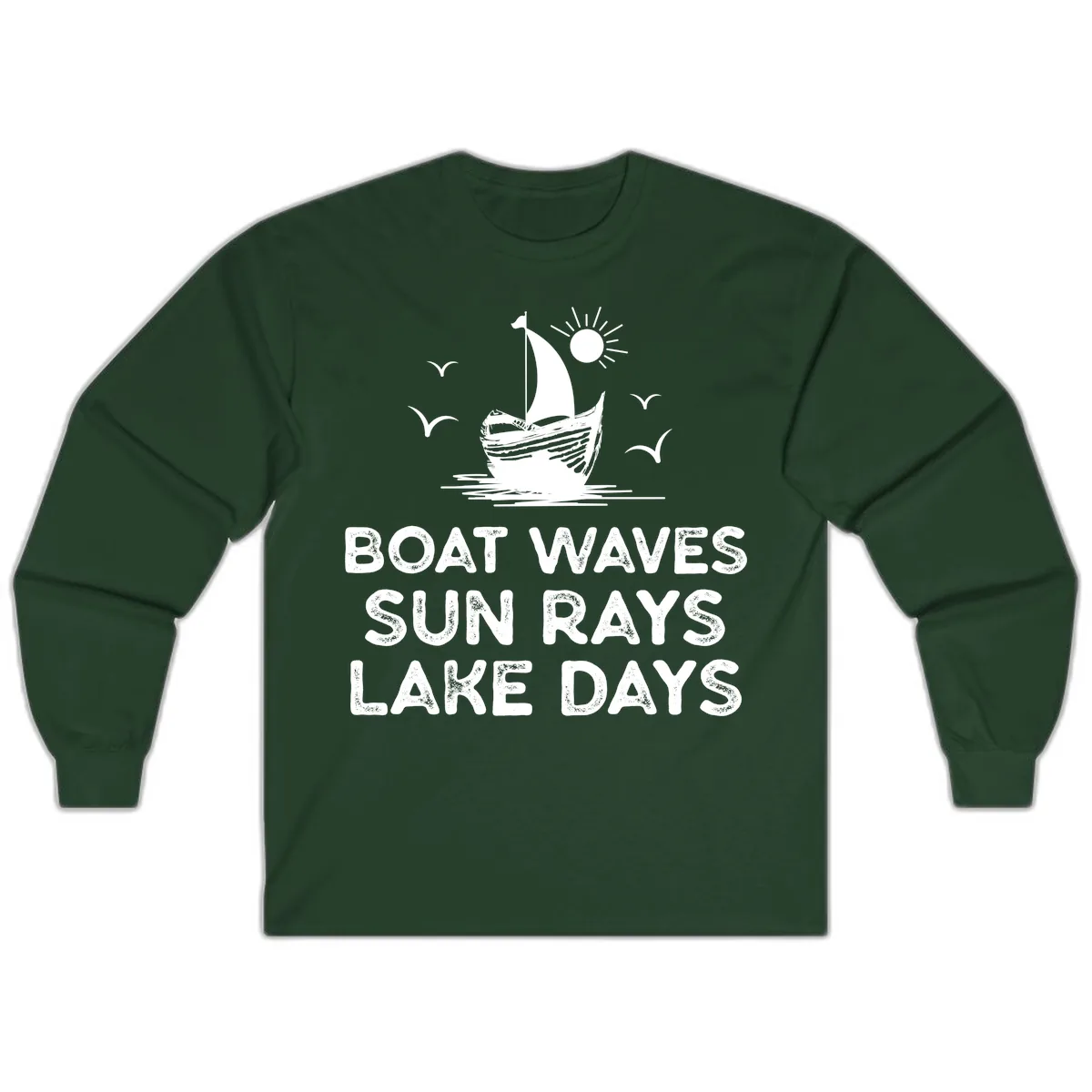 Boat Waves Sun Rays Lake Days Design Long Sleeve in Forest Green