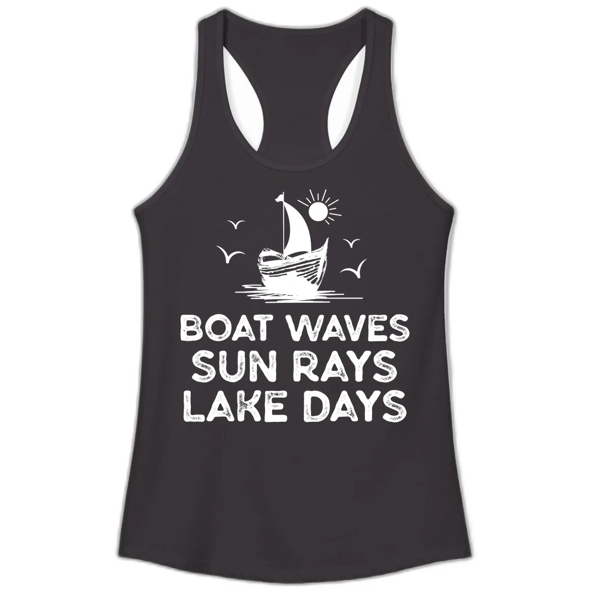 Boat Waves Sun Rays Lake Days Design Ladies Tank in Black