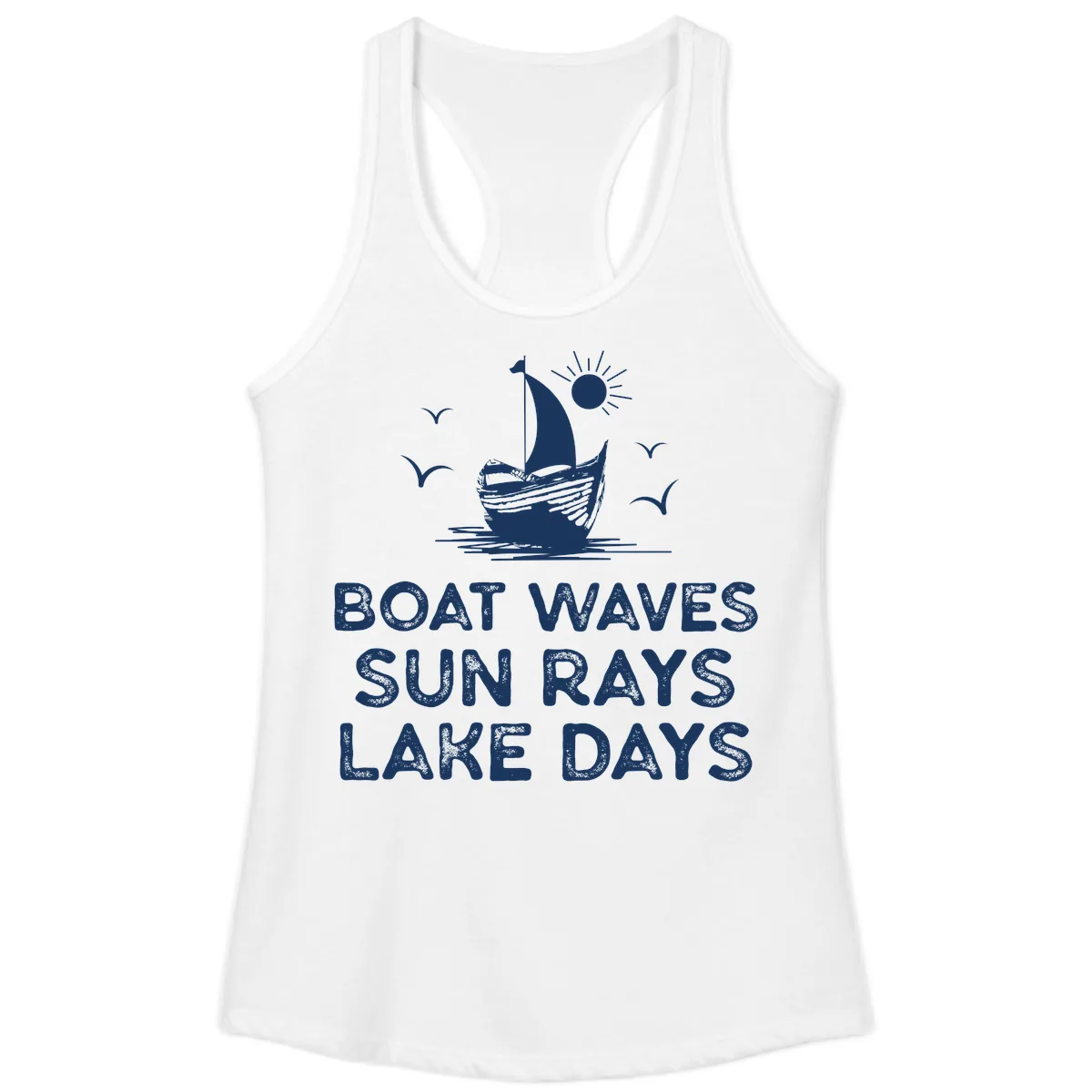 Boat Waves Sun Rays Lake Days Design Ladies Tank in White