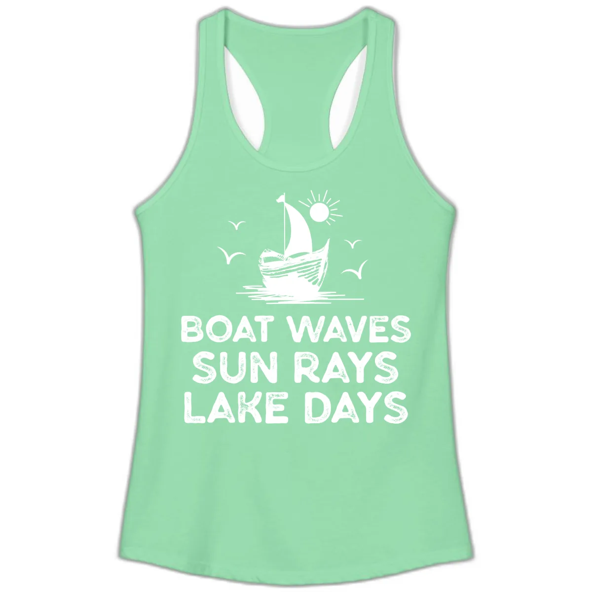 Boat Waves Sun Rays Lake Days Design Ladies Tank in Solid Mint