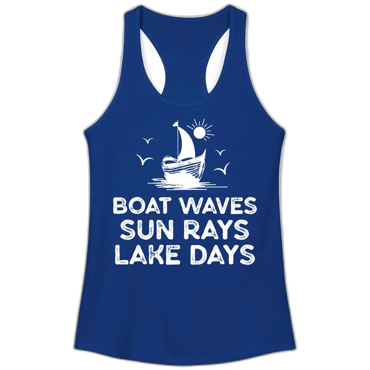 Boat Waves Sun Rays Lake Days Design Ladies Tank in Solid Royal