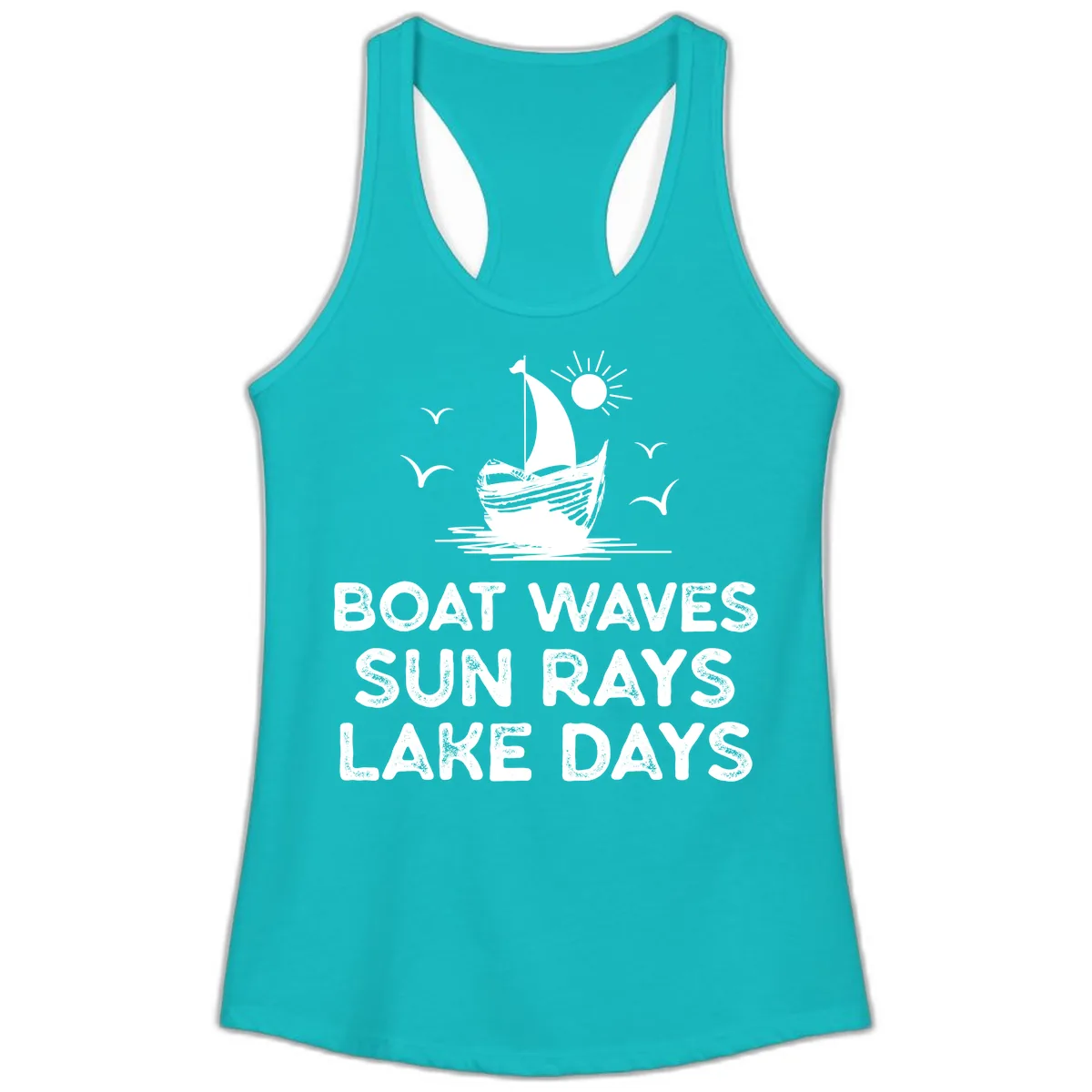 Boat Waves Sun Rays Lake Days Design Ladies Tank in Tahiti Blue