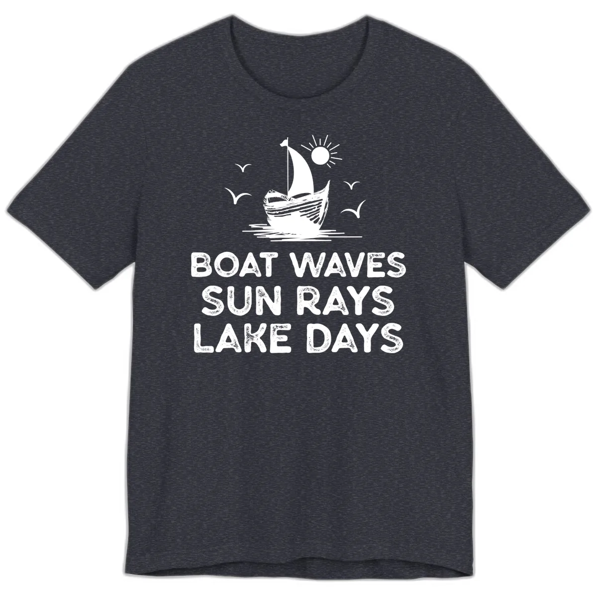 Boat Waves Sun Rays Lake Days Design Premium T-Shirt in Heather Navy