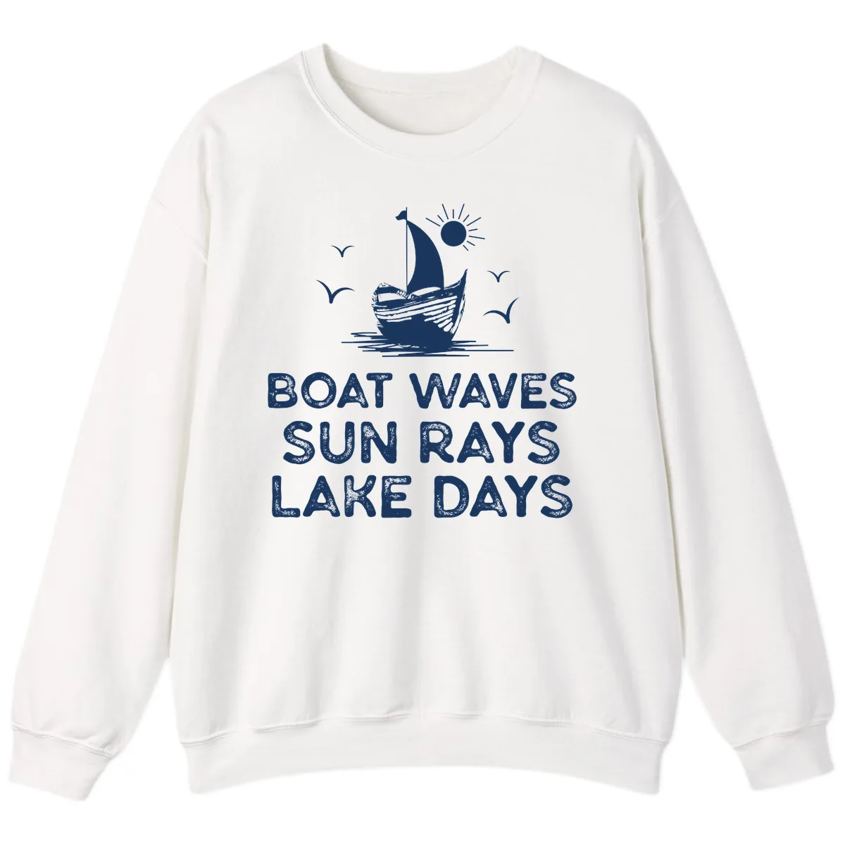 Boat Waves Sun Rays Lake Days Design Sweatshirt in White