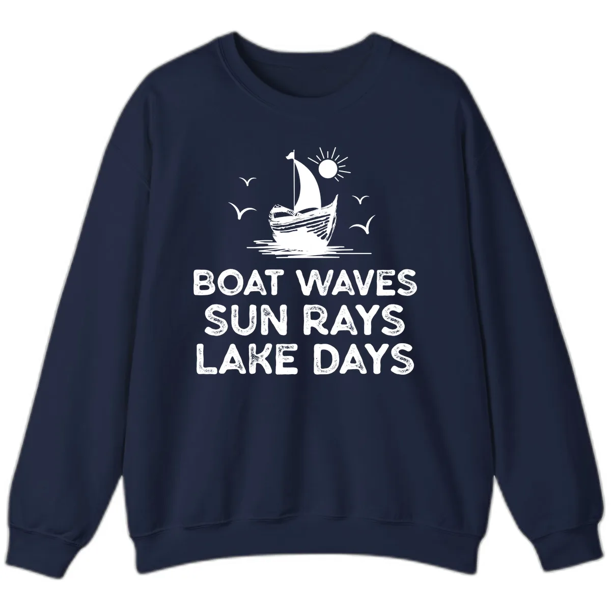 Boat Waves Sun Rays Lake Days Design Sweatshirt in Navy