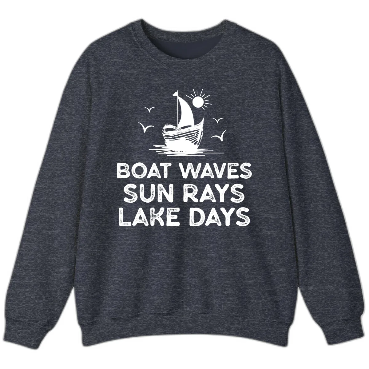Boat Waves Sun Rays Lake Days Design Sweatshirt in Heather Sport Dark Navy