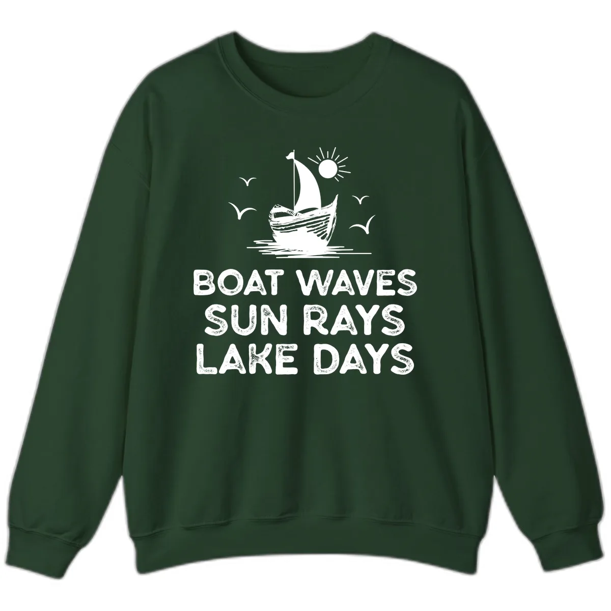 Boat Waves Sun Rays Lake Days Design Sweatshirt in Forest Green