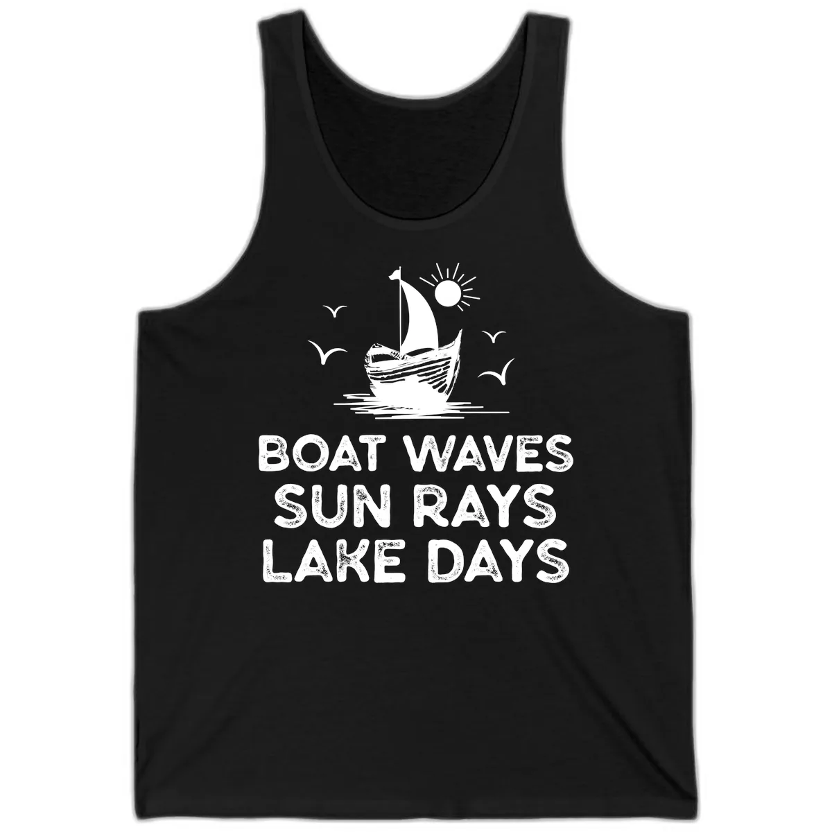 Boat Waves Sun Rays Lake Days Design Tank in Black