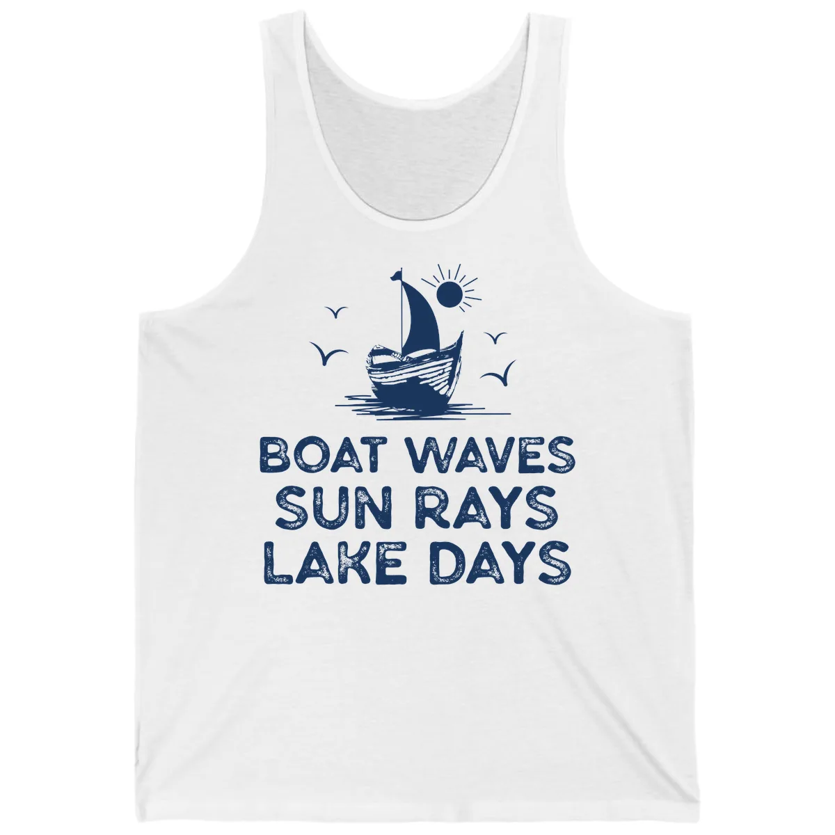 Boat Waves Sun Rays Lake Days Design Tank in White