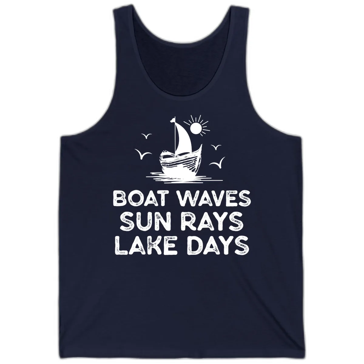 Boat Waves Sun Rays Lake Days Design Tank in Navy
