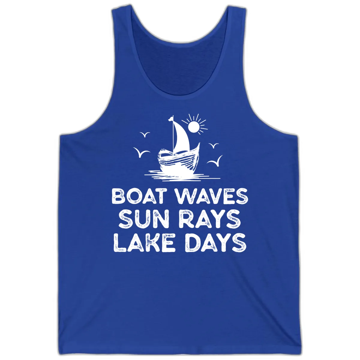 Boat Waves Sun Rays Lake Days Design Tank in True Royal