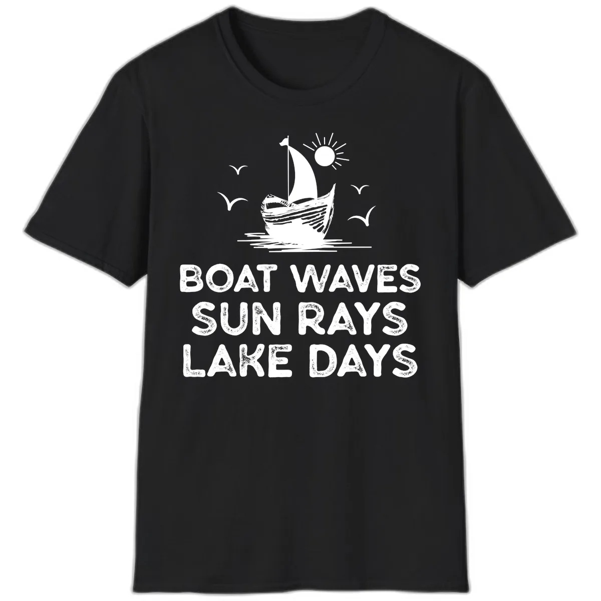 Boat Waves Sun Rays Lake Days Design T-Shirt in Black