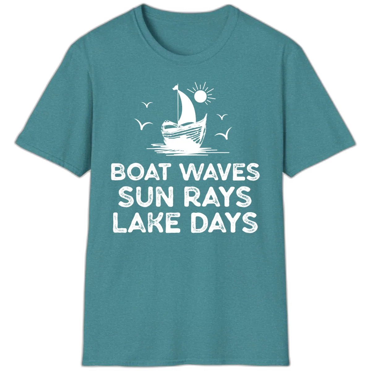 Boat Waves Sun Rays Lake Days Design T-Shirt in Heather Galapagos Blue