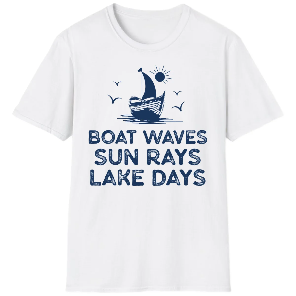 Boat Waves Sun Rays Lake Days Design T-Shirt in White