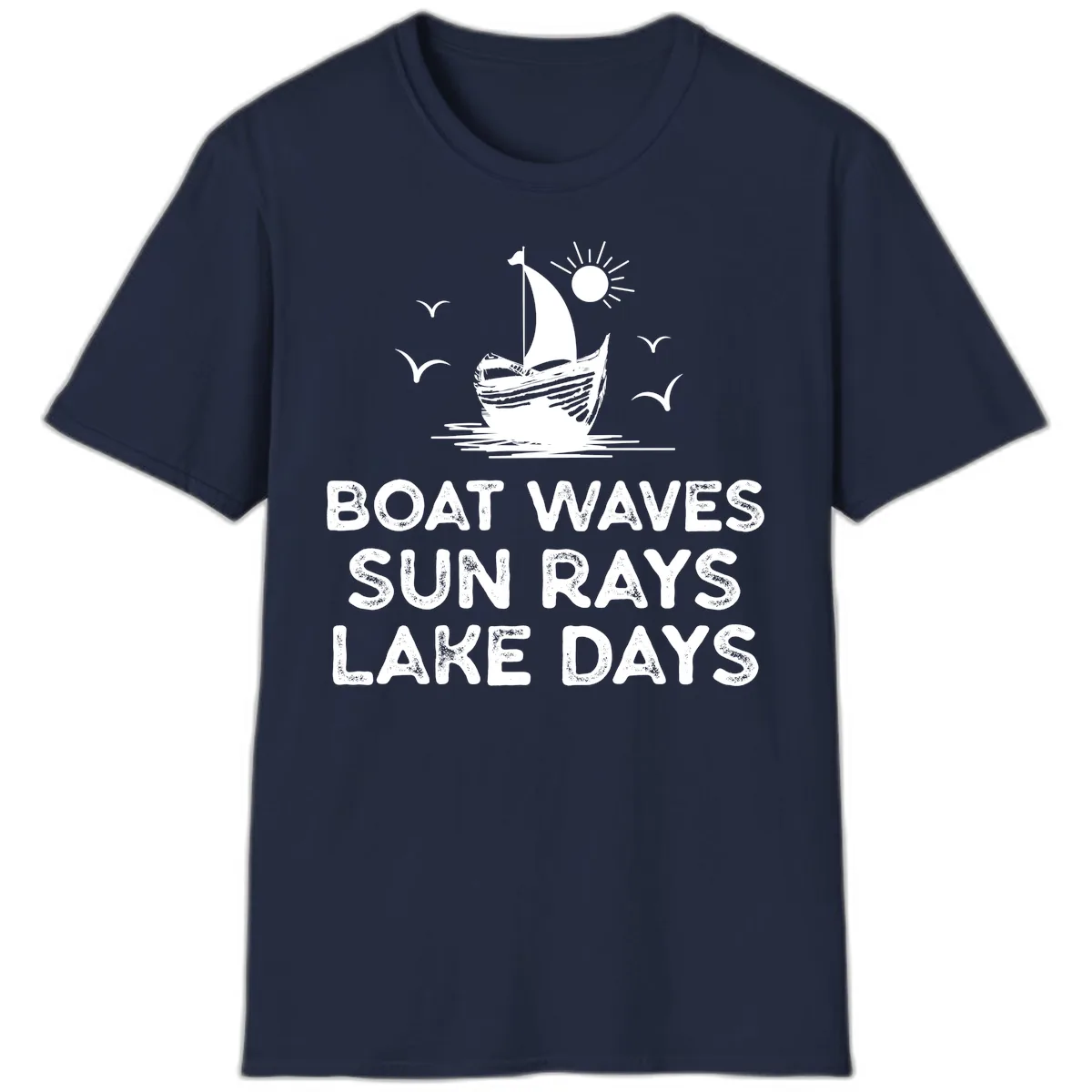 Boat Waves Sun Rays Lake Days Design T-Shirt in Navy