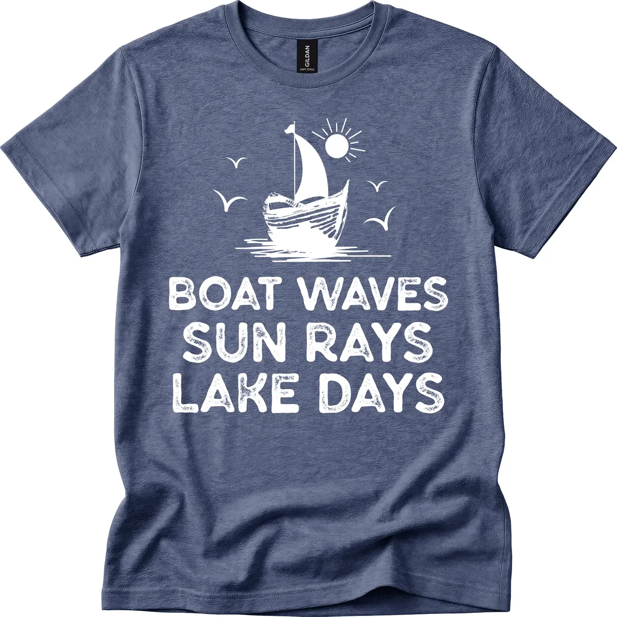 Boat Waves Sun Rays Lake Days Design T-Shirt in Heather Navy