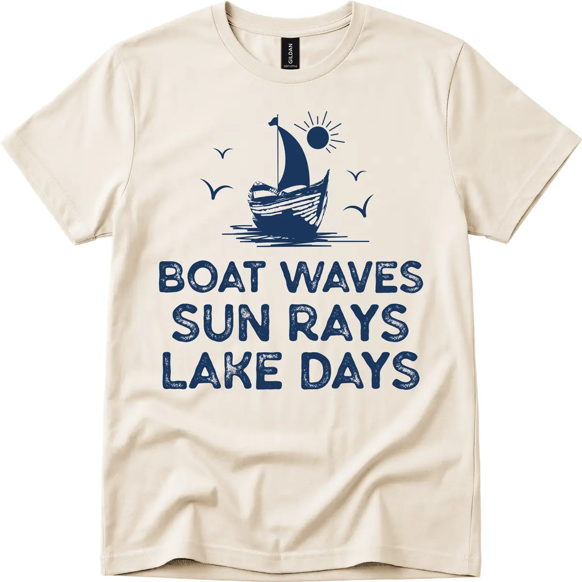 Boat Waves Sun Rays Lake Days Design T-Shirt in Natural