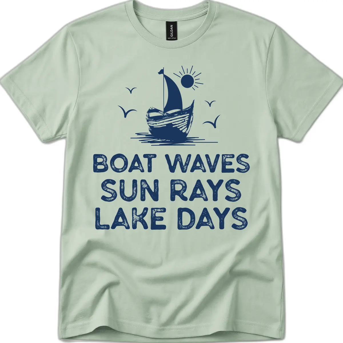 Boat Waves Sun Rays Lake Days Design T-Shirt in Sage