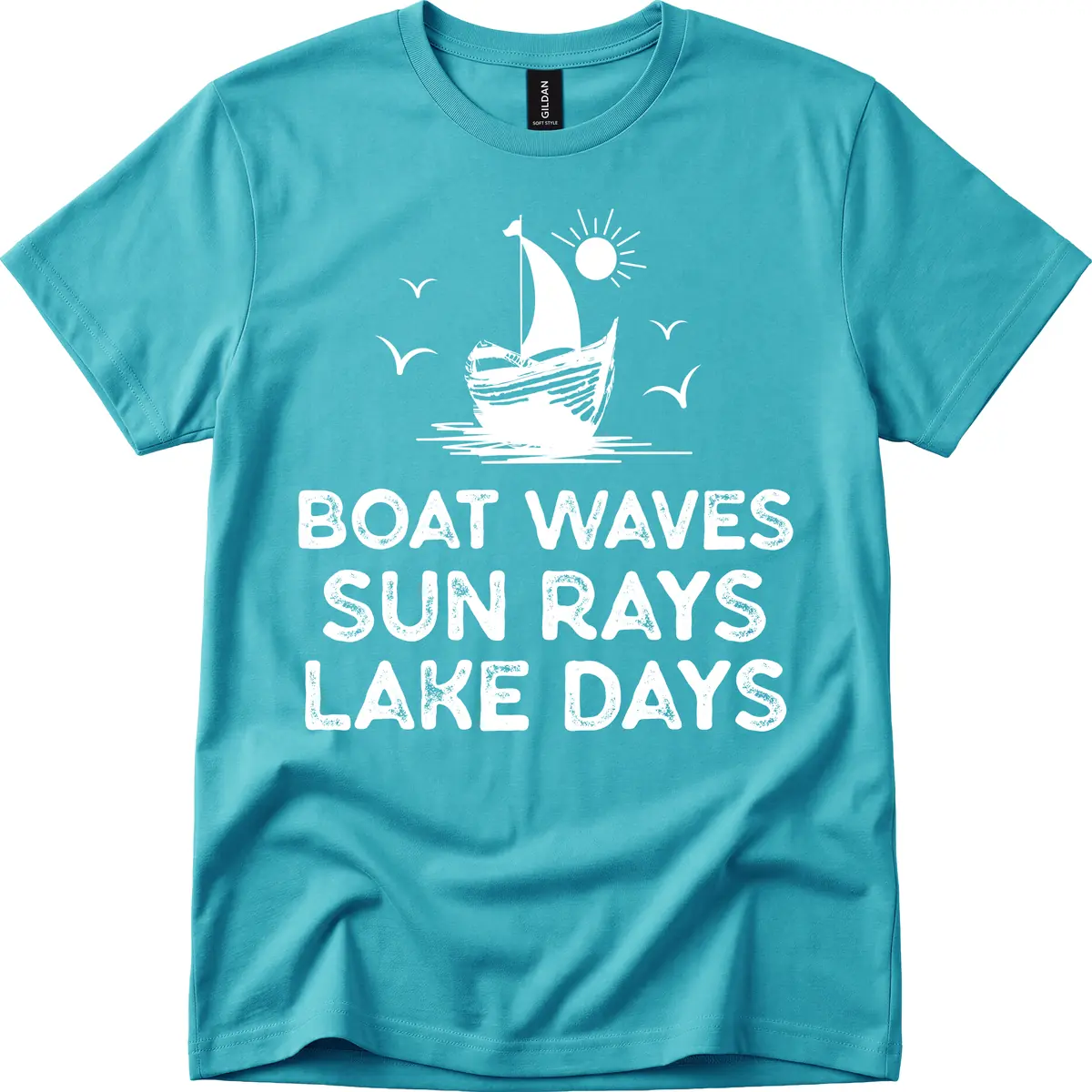 Boat Waves Sun Rays Lake Days Design T-Shirt in Tropical Blue