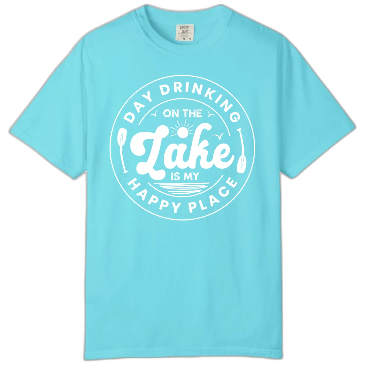 Day Drinking On The Lake Is My Happy Place Comfort Color in Lagoon Blue