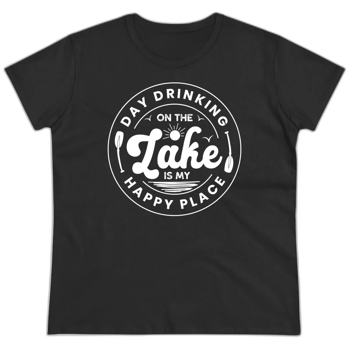 Day Drinking On The Lake Is My Happy Place Ladies Tee in Black