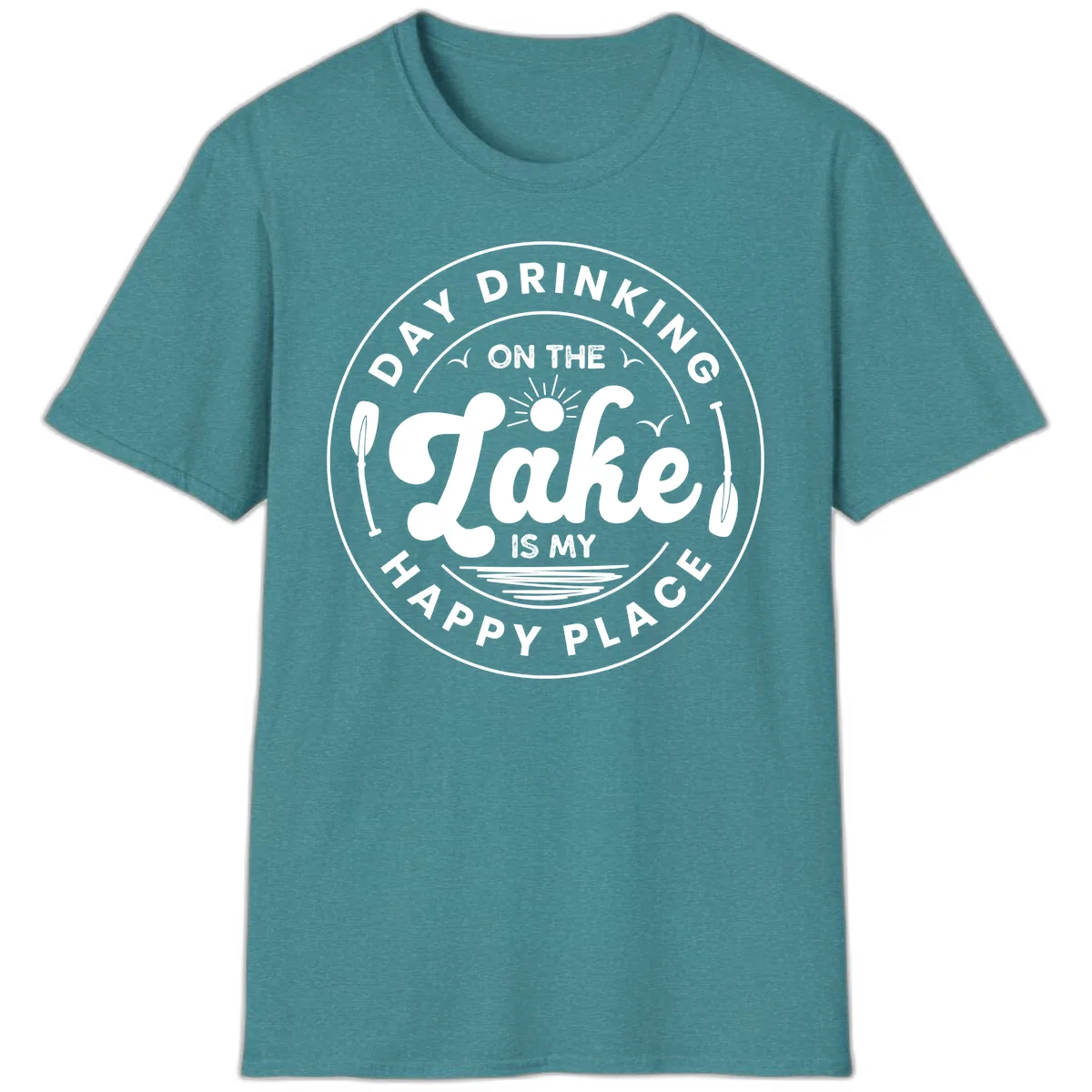 Day Drinking On The Lake Is My Happy Place T-Shirt in Heather Galapagos Blue