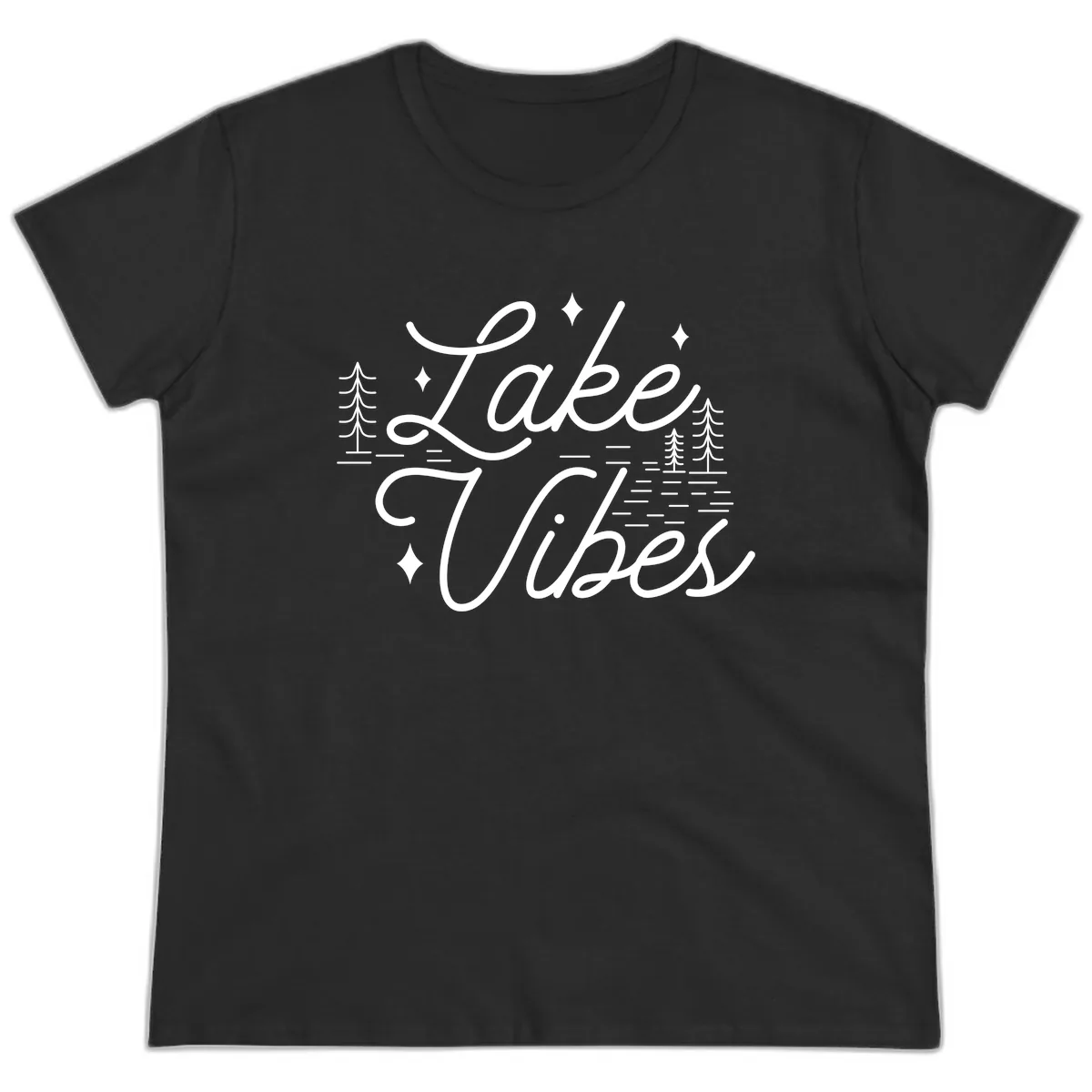 Lake Vibes Script Design Ladies Tee in Black