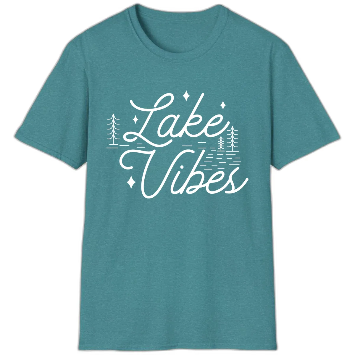 Lake Vibes Script Design T-Shirt in Heather Galapagos Blue