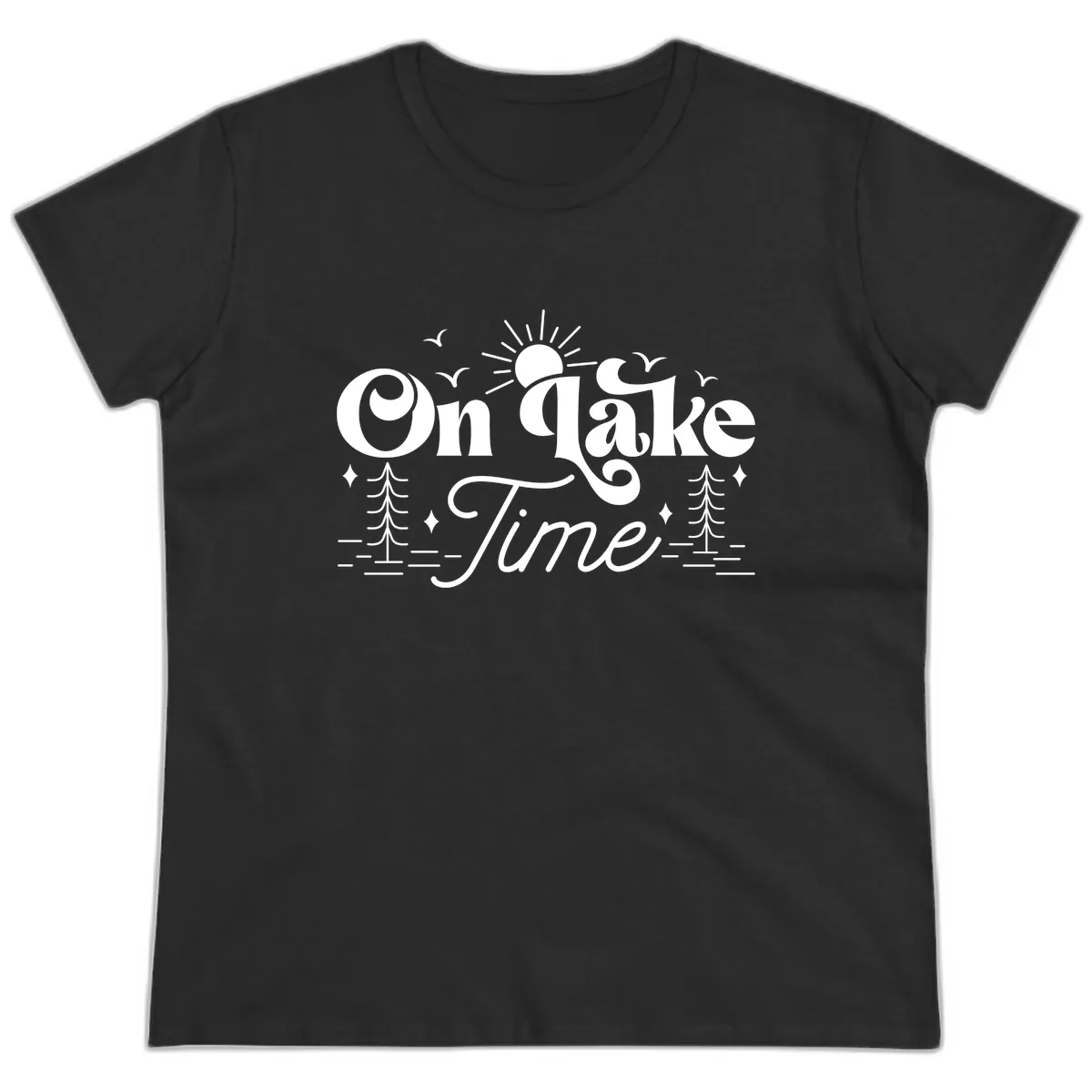 On Lake Time Typography Design Ladies Tee in Black