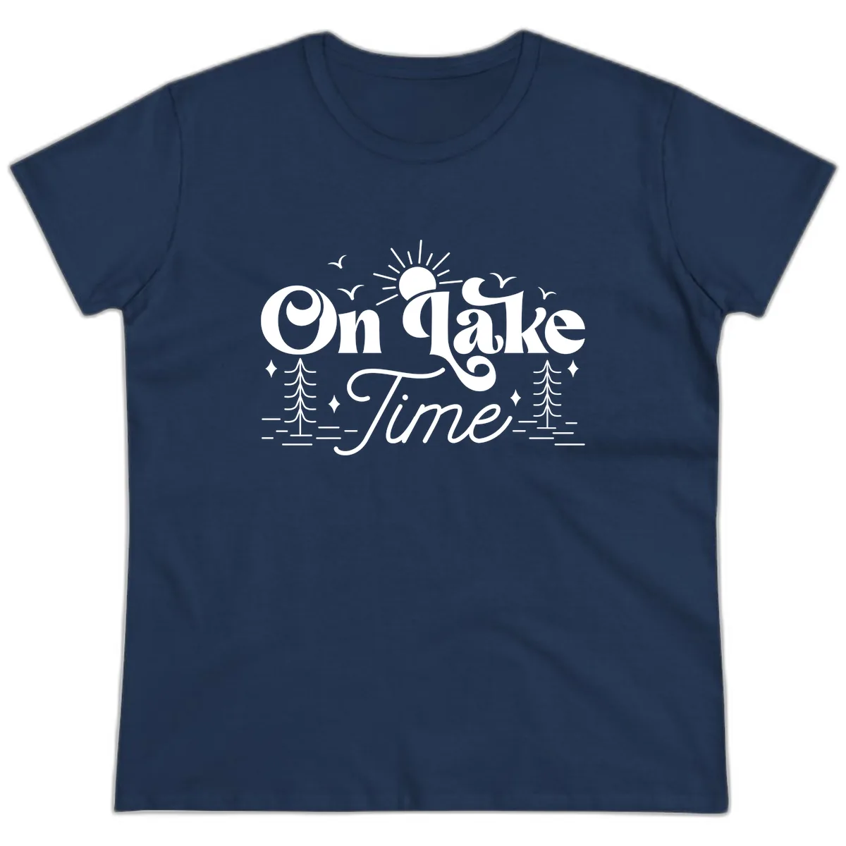 On Lake Time Typography Design Ladies Tee in Navy