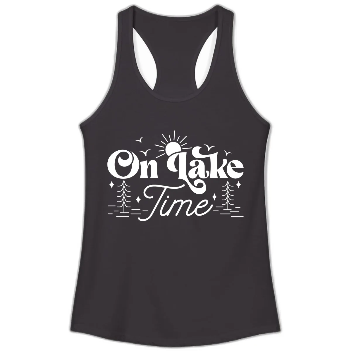 On Lake Time Typography Design Ladies Tank in Black