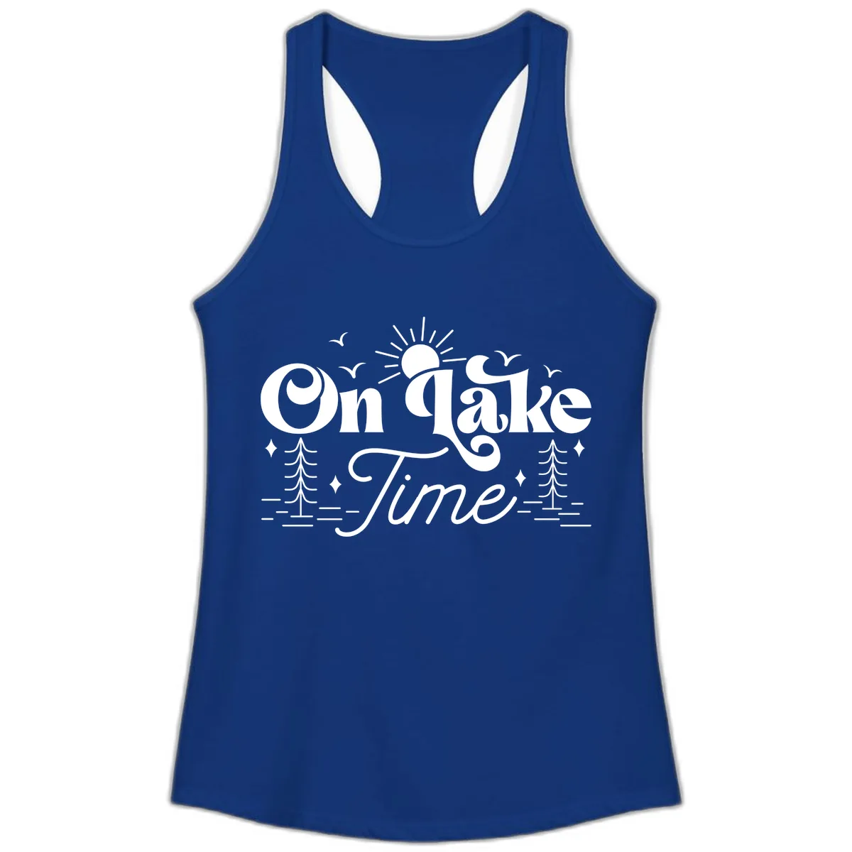 On Lake Time Typography Design Ladies Tank in Solid Royal