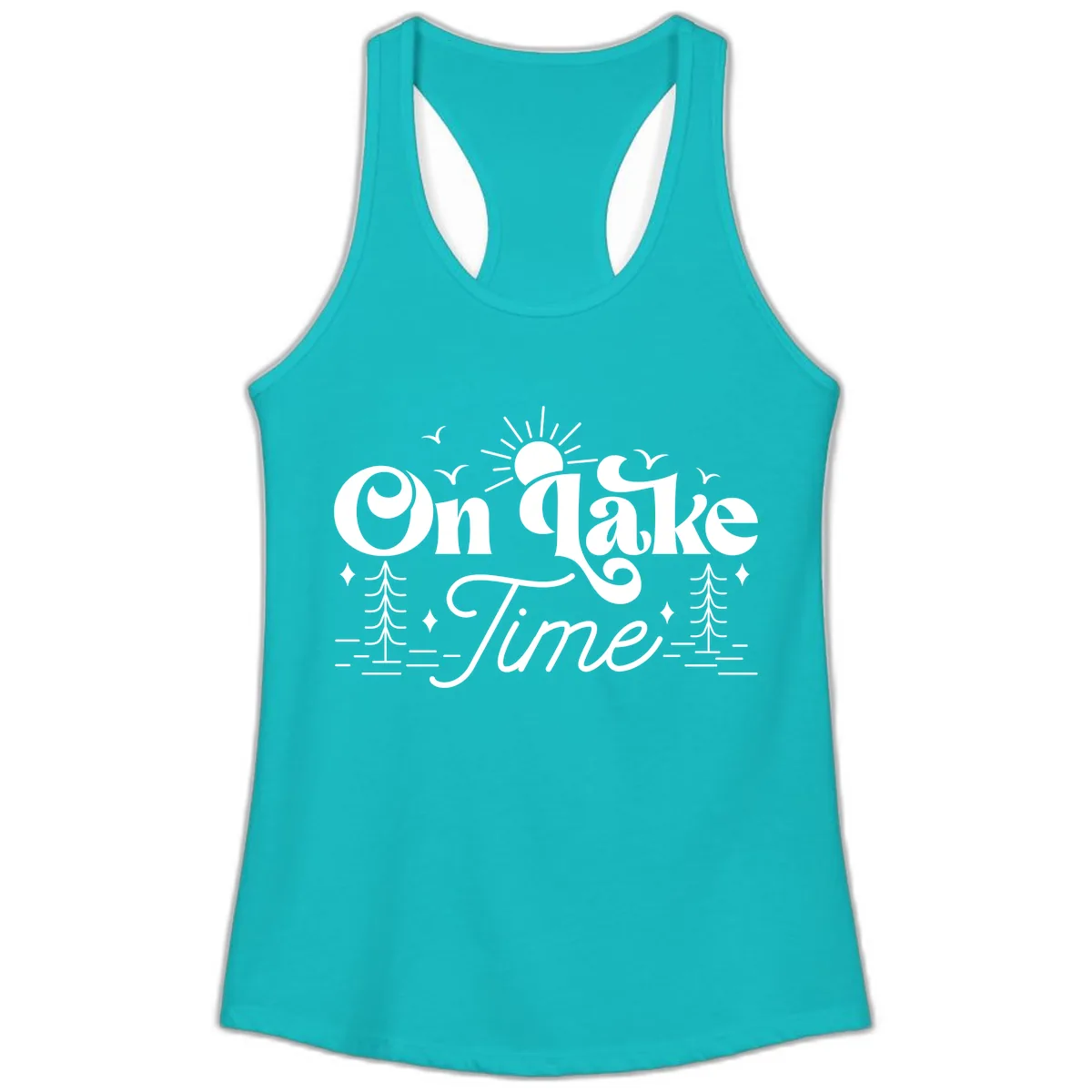 On Lake Time Typography Design Ladies Tank in Tahiti Blue
