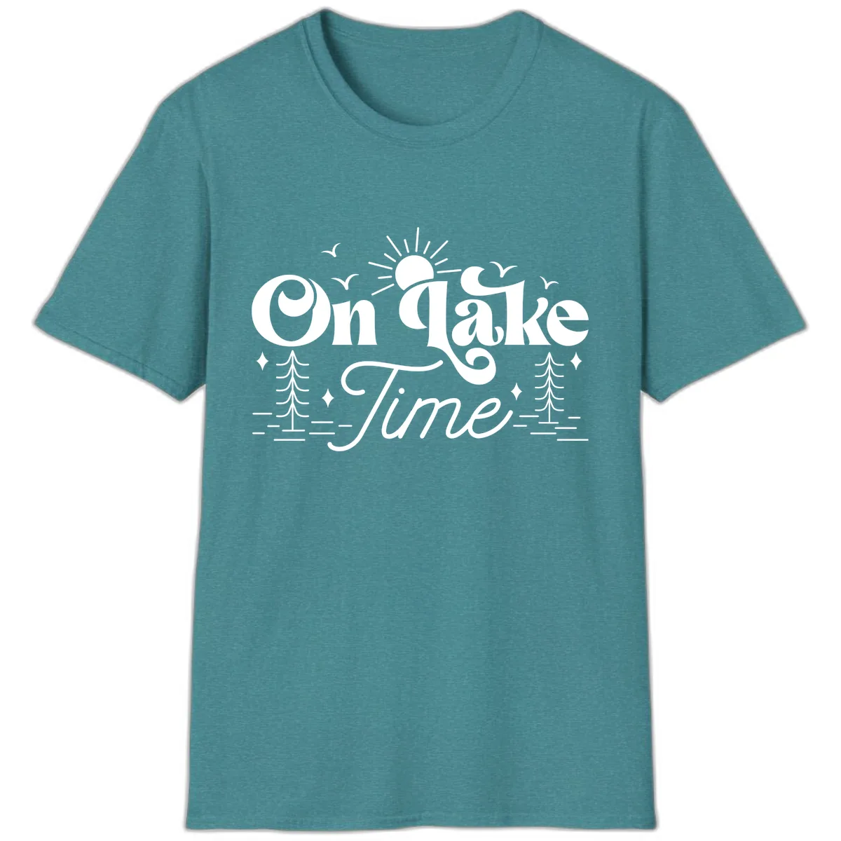 On Lake Time Typography Design T-Shirt in Heather Galapagos Blue