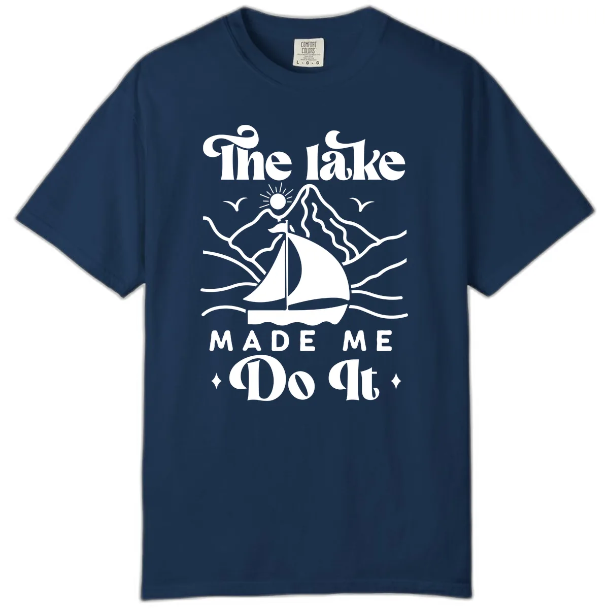 The Lake Made Me Do It Sailboat Comfort Color in Navy