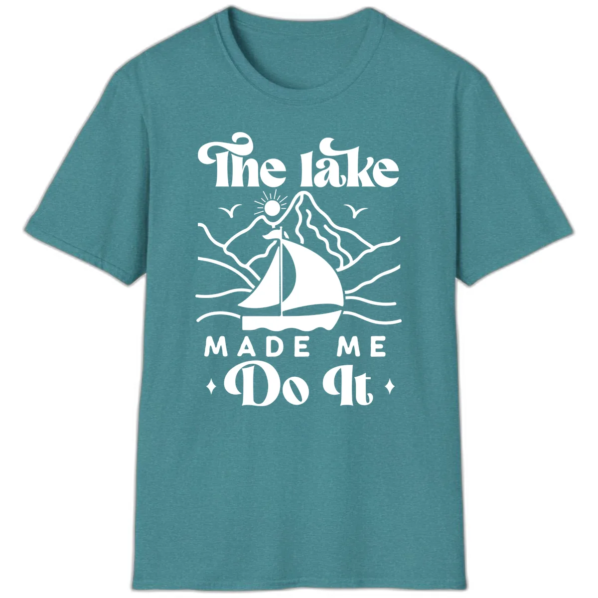 The Lake Made Me Do It Sailboat T-Shirt in Heather Galapagos Blue