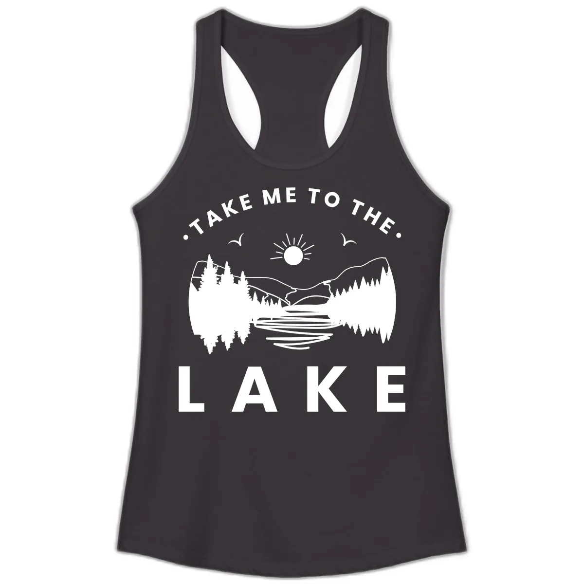 Take Me To The Lake Mountains Ladies Tank in Black