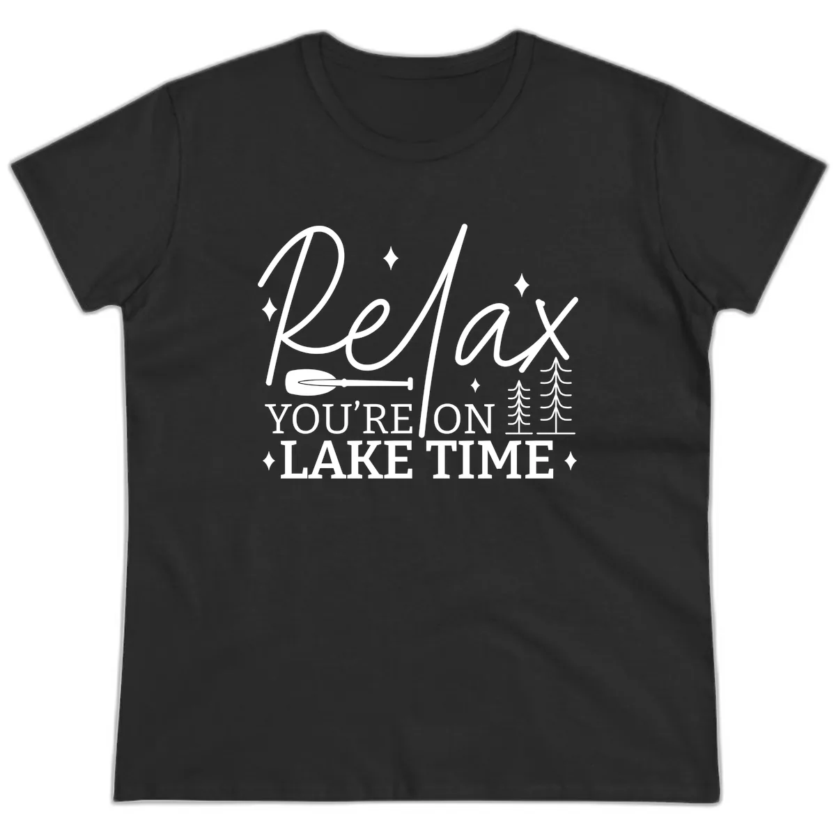 Relax You're On Lake Time Design Ladies Tee in Black