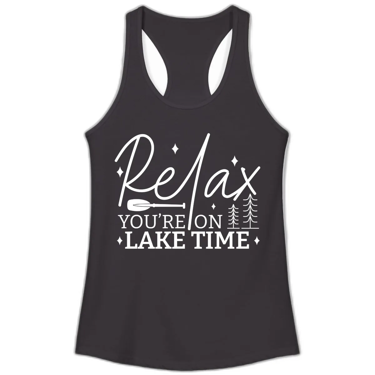 Relax You're On Lake Time Design Ladies Tank in Black