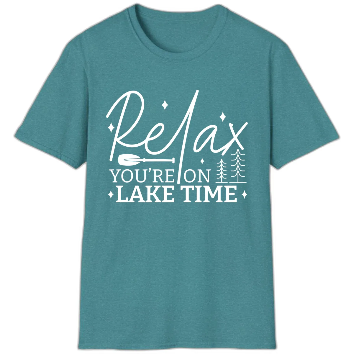 Relax You're On Lake Time Design T-Shirt in Heather Galapagos Blue