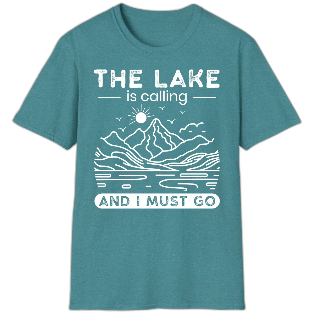 The Lake is Calling And I Must Go Design T-Shirt in Heather Galapagos Blue