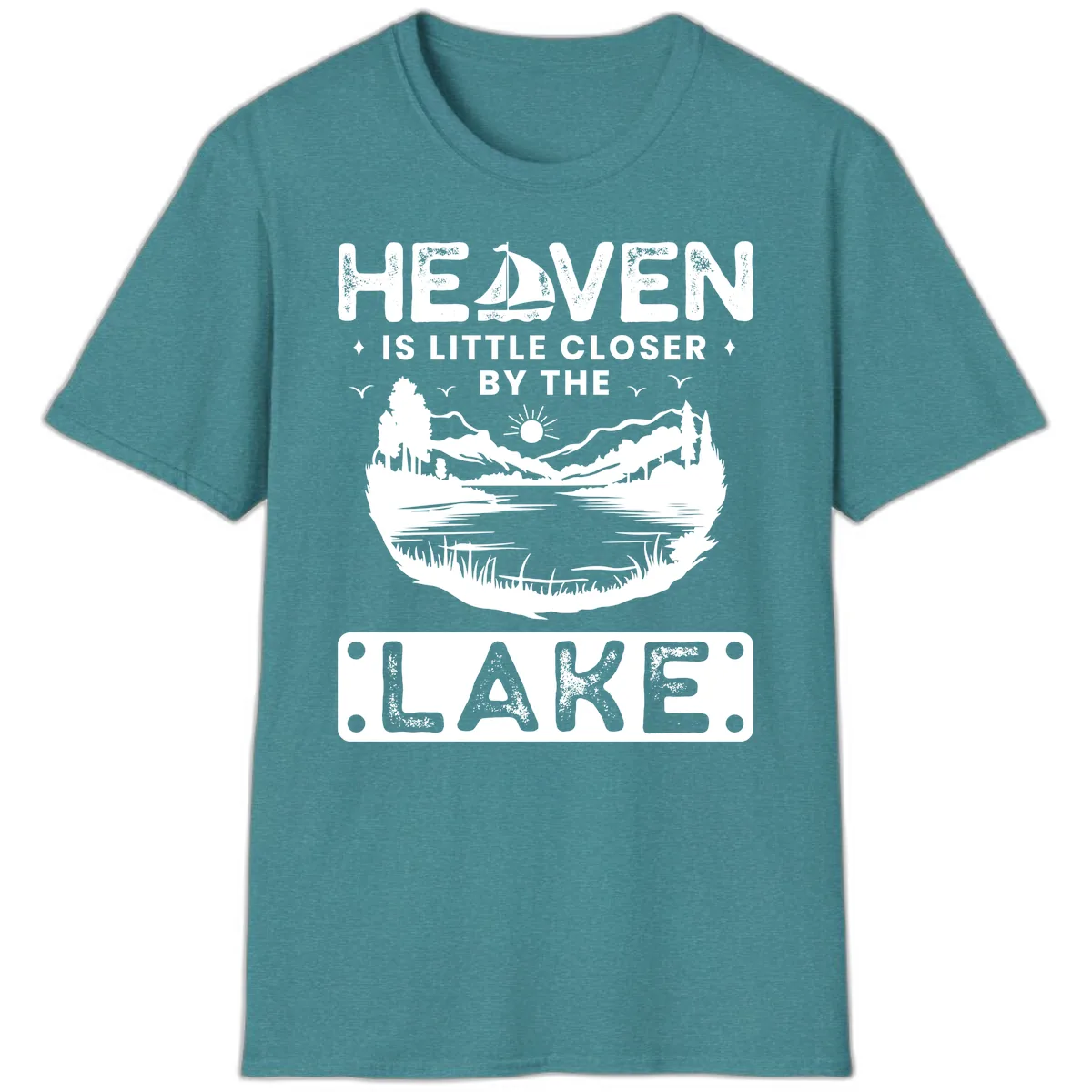 Heaven Is Little Closer By The Lake T-Shirt in Heather Galapagos Blue