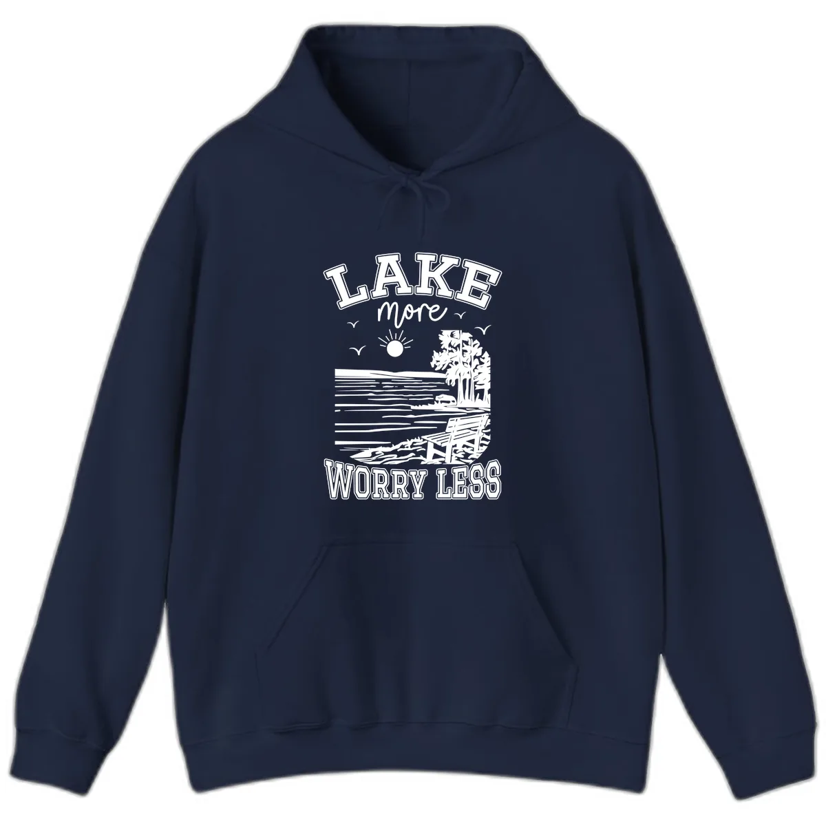 Lake More Worry Less Scenic View Hoodie in Navy
