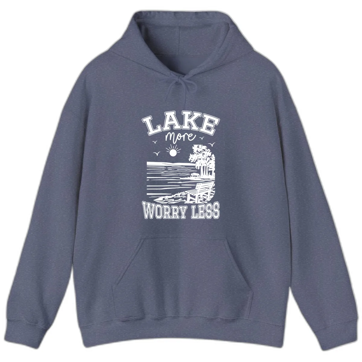 Lake More Worry Less Scenic View Hoodie in Heather Navy