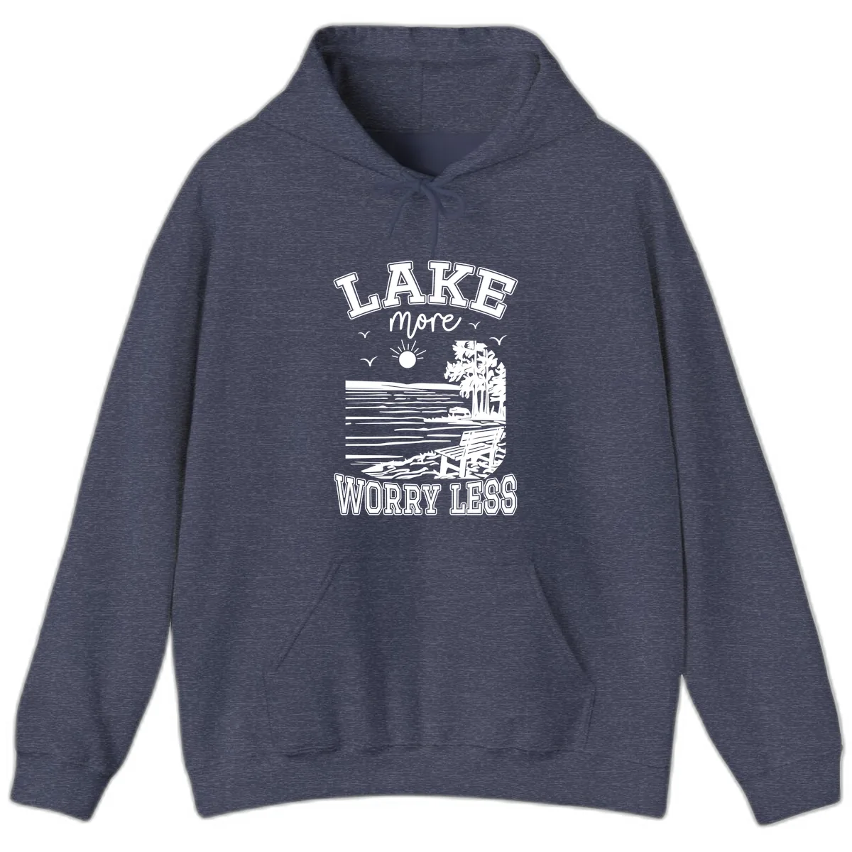 Lake More Worry Less Scenic View Hoodie in Heather Sport Dark Navy