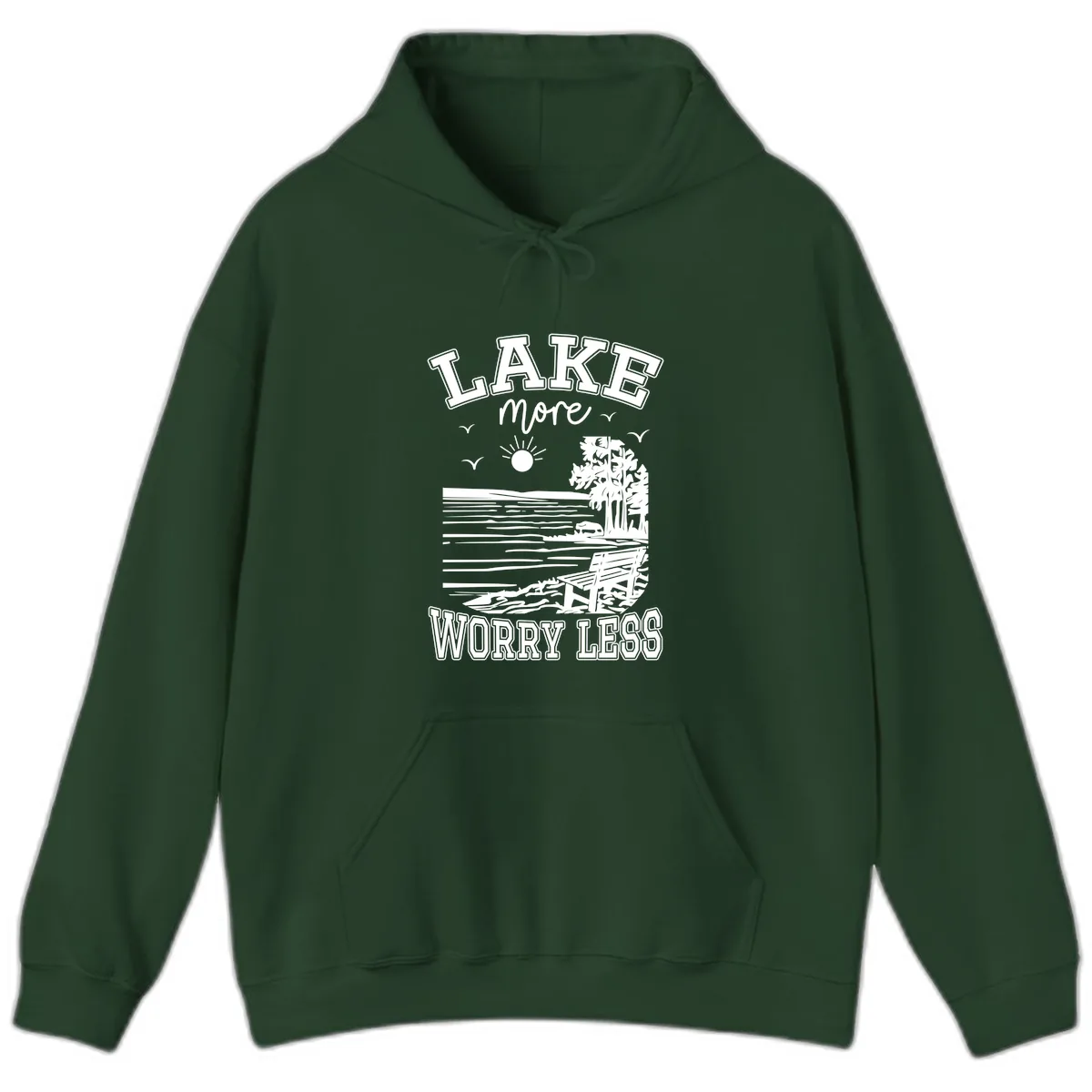 Lake More Worry Less Scenic View Hoodie in Forest Green