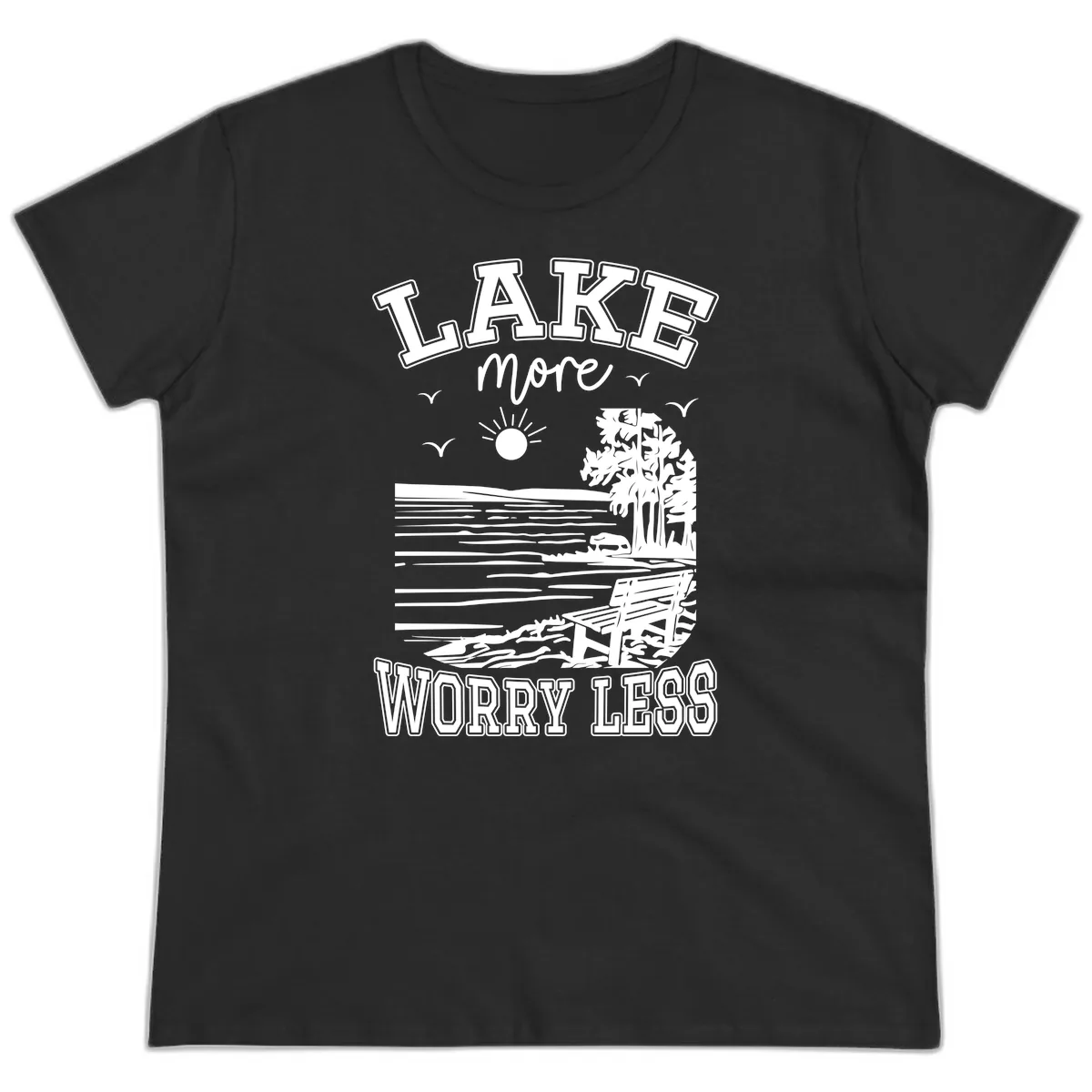 Lake More Worry Less Scenic View Ladies Tee in Black