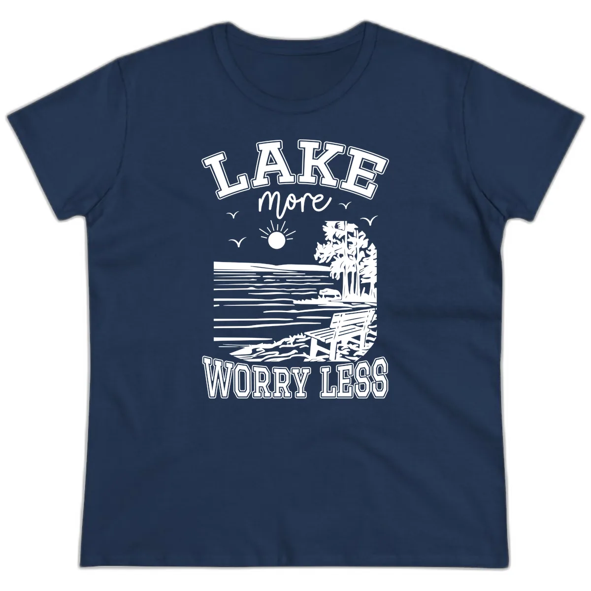Lake More Worry Less Scenic View Ladies Tee in Navy