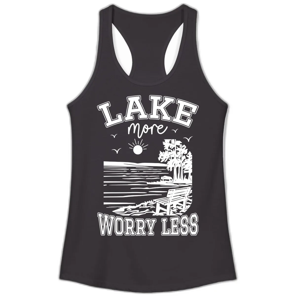 Lake More Worry Less Scenic View Ladies Tank in Black